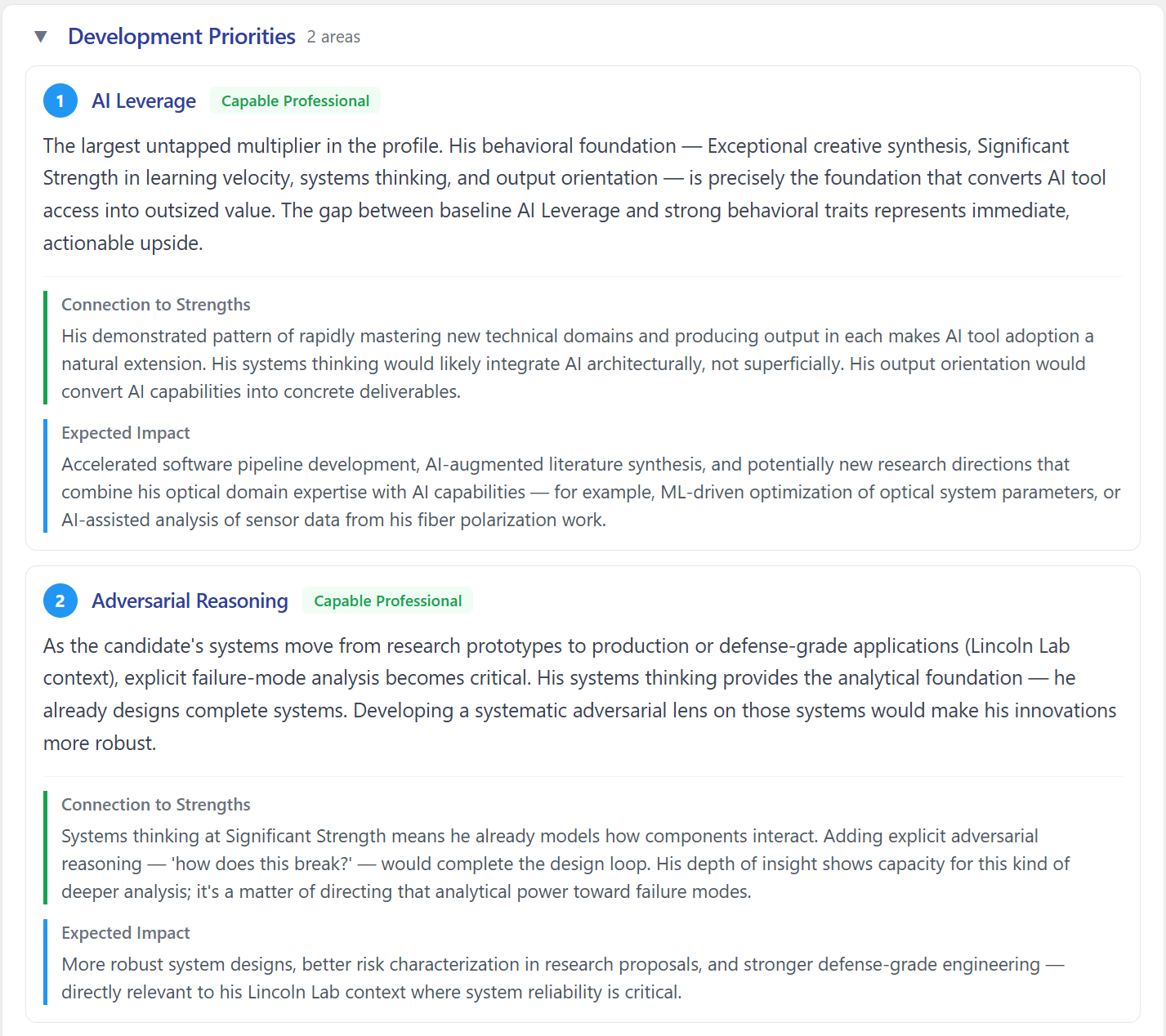 Development Priorities section with numbered priorities: trait name, current level pill, 'why this is a priority' reasoning, and Connection to Strengths / Expected Impact sub-sections explaining what each targeted intervention unlocks.